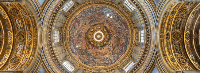 ROME, ITALY - SEPTEMBER  1, 2021:  The fresco of Glory of St. Agnes in cupola in the church Chiesa...