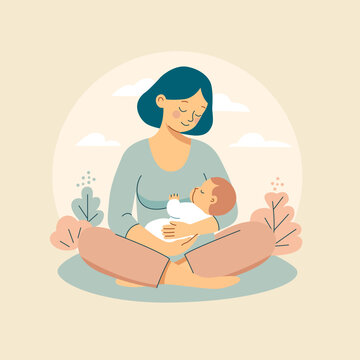 Breastfeeding illustration, lovely mom holding infant feeding a baby with breast with nature. Vector illustration