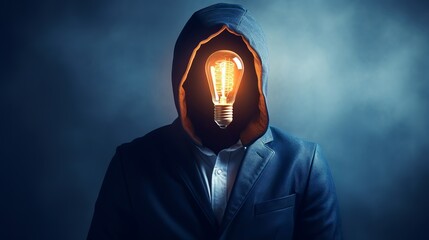 A man in a jacket with a light bulb instead of a head - obrazy, fototapety, plakaty