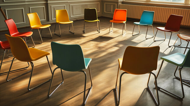 Workshop On Mental Health Awareness - Colorful Chairs Are Arranged In A Circle In A Sunny Room, Suggesting A Cheerful And Welcoming Space For A Group Meeting Or Workshop