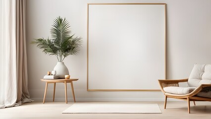 Fototapeta na wymiar Mock up poster frame in minimalist interior with plant in trendy vase, table and cozy chair. Artwork template for wall art, painting, photo or poster