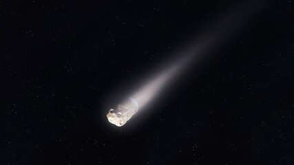 Comet nucleus and a long tail of gas. Falling asteroid. Astronomical image of a meteor. Glowing comet flies in space.