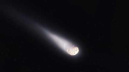 Comet with a long tail in outer space. Beautiful comet tail glows in space. Meteor in the night sky. 