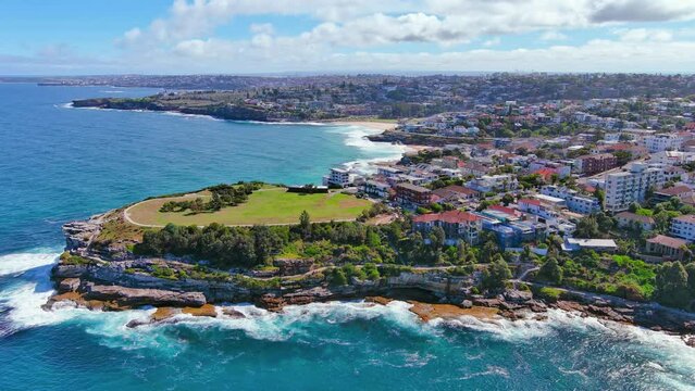 Sydney, Australia: Aerial view of Tamarama Beach and Bronte Beach in capital city of Australian state of New South Wales and most populous city in Australia