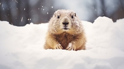 Obraz premium marmot in the snow in winter,Groundhog Day