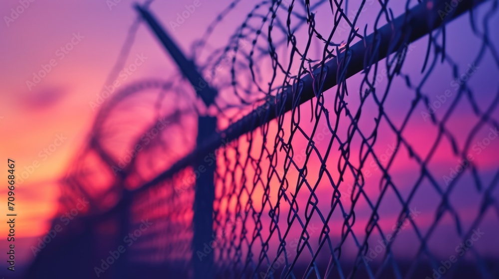 Poster A chain link fence with a beautiful sunset in the background. Perfect for adding a touch of nature and serenity to any project