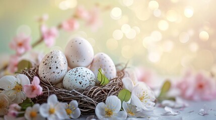 Easter composition with a decorated eggs, flowers and bokeh background with a copy space. AI generative