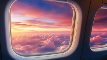 A breathtaking view of a vibrant sunset and fluffy clouds from the perspective of an airplane passenger.