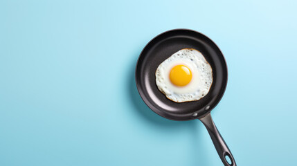 Fried eggs in a pan on a blue background. AI generated.