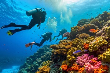 Naklejka na ściany i meble Scuba divers exploring vibrant coral reefs and encountering an array of colorful marine life in clear, azure waters. AI generative