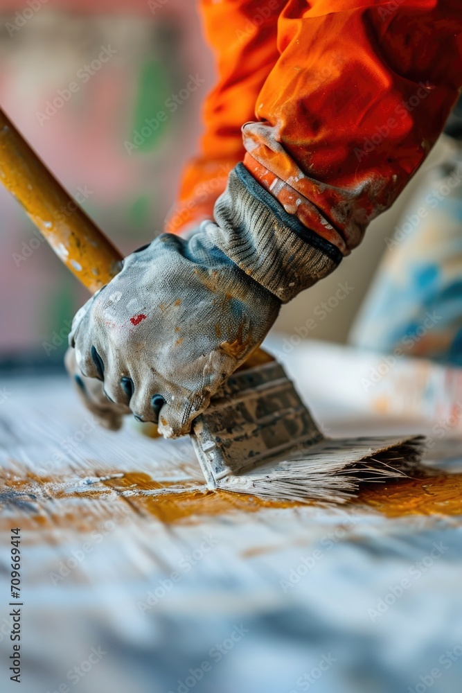Poster a person with a paint brush sitting at a table. suitable for artistic and creative projects