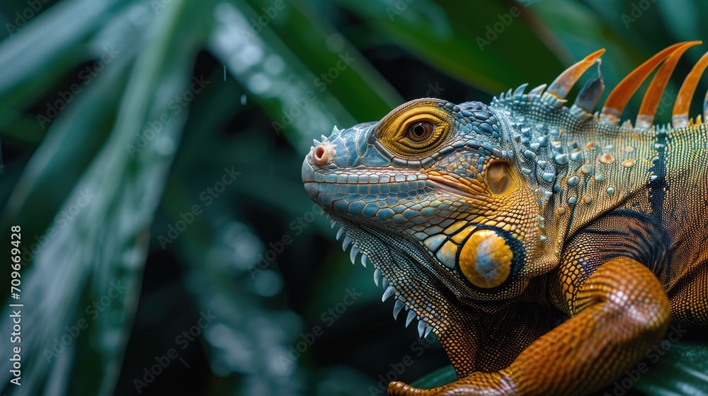 Poster a close-up view of a lizard perched on a tree branch. this image can be used to depict wildlife, nat