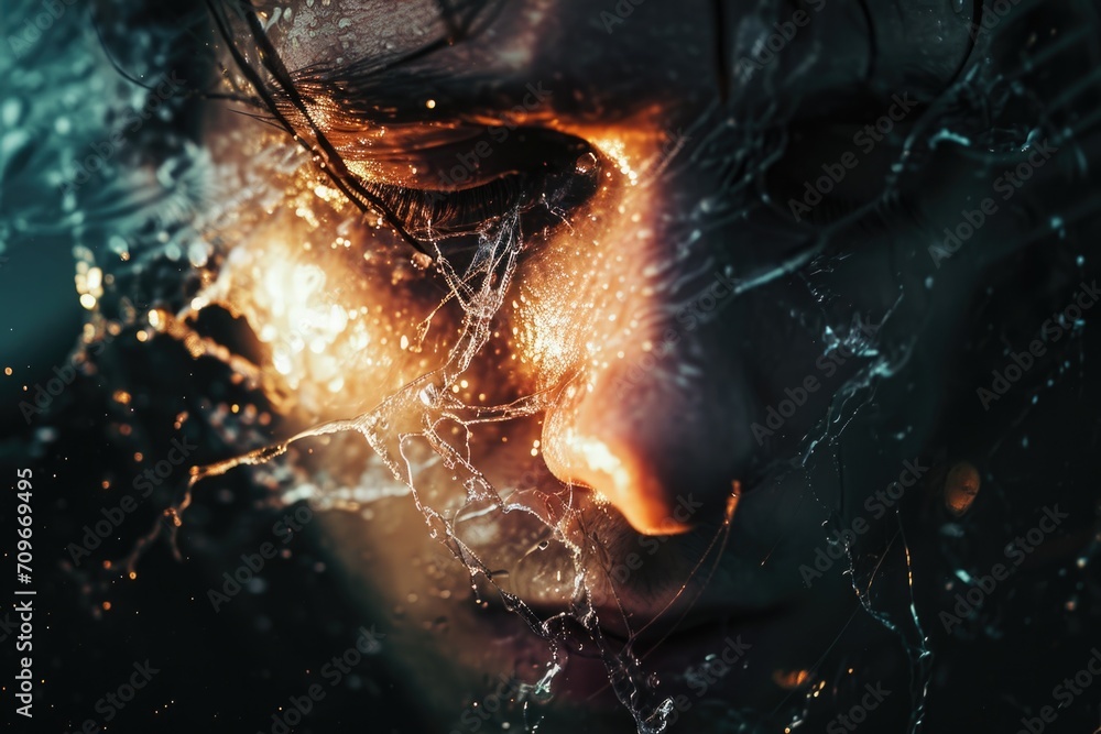Poster A close-up view of a person's face submerged in water. Ideal for use in water-themed projects or to depict concepts such as relaxation, tranquility, or contemplation