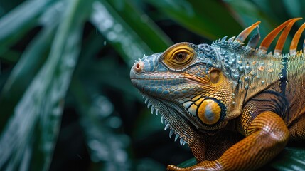 Obraz premium A close-up view of a lizard perched on a tree branch. This image can be used to depict wildlife, nature, reptiles, or close-up shots of animals in their natural habitat