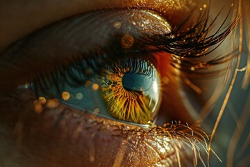 A close-up shot of a person's eye with water droplets. Can be used to convey emotions such as tears, freshness, or clarity.