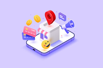 3D Render isometric view Online shopping. Smart concept of E-commerce. 3D floating related elements around shop. Secure online shopping concept.  3d vector render illustration