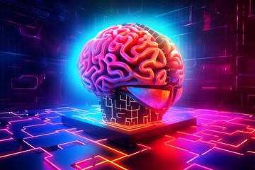 Fototapeta premium Human Brain and Artificial Intelligence. Red, blue, pink, and purple Neon Background. Futuristic Cyber Style. Horizontal banner. AI Generated