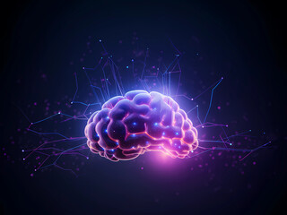 Glowing Human Brain. Dark Blue and Violet Neon Horizontal Background with Artificial Intelligence. Futuristic Cyber Style. Neural Network Energy. AI Generated