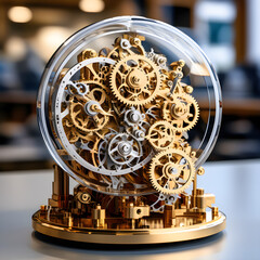 Obraz premium complex mechanical model of a clock mechanism, including numerous working parts