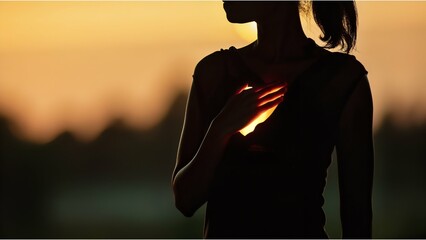A silhouette of a female with a hand over the chest area, which is illuminated, visually representing internal pain or distress.
 - obrazy, fototapety, plakaty