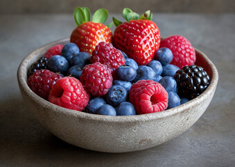 A bowl of vibrant mixed berries from a low angle, accentuating their natural shine and colors with even, diffused lighting. 