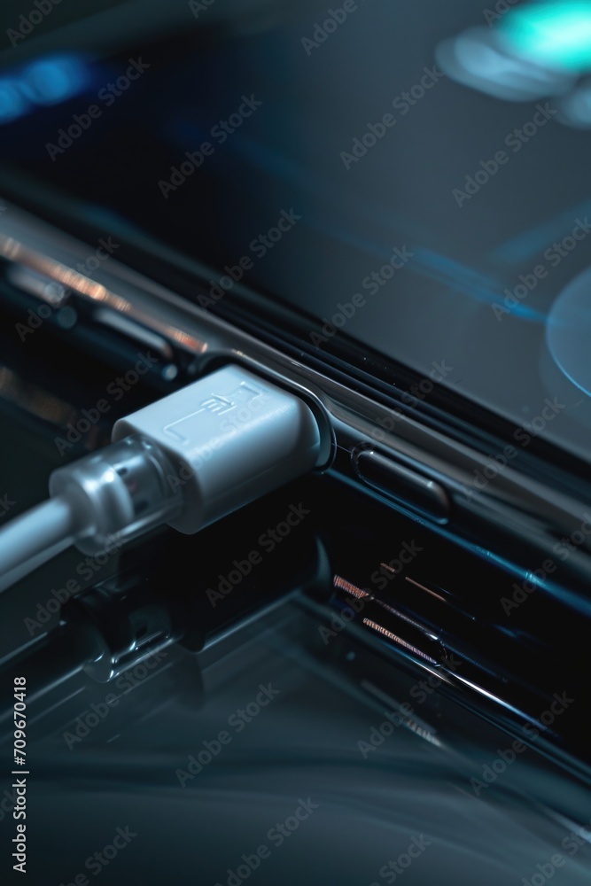 Poster a close-up shot of a cell phone connected to a usb cable. this image can be used to illustrate techn