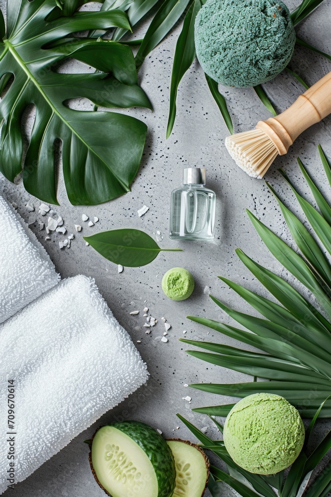 Poster a collection of various spa items displayed on a table. ideal for promoting relaxation and self-care