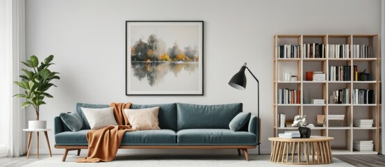 Cozy sofa, lamp, painting, decoration plant, and bookshelf of home living room interior. Generative AI technology. - obrazy, fototapety, plakaty