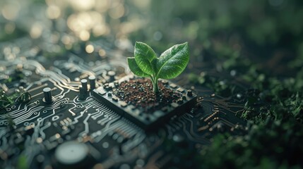Generative AI, Plant growing from the circuit board. Ecology and environment concept	
 - obrazy, fototapety, plakaty