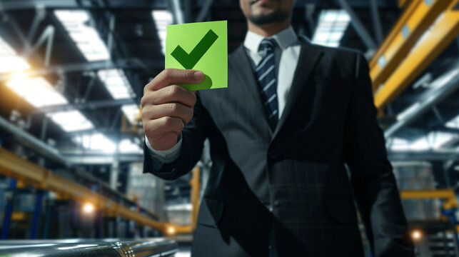 A business professional clicks the green checkmark to assess an industrial facility of a vendor or supplier, assigning maximum rating of five stars in accordance with the ISO documentation management.