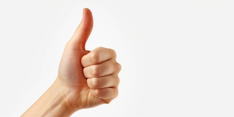 Hand with thumb up gesture on a white background. Can be used to convey approval or positivity in various contexts