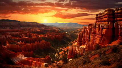 a canyon landscape with rugged terrain and towering cliffs, aglow with the colors of a radiant...