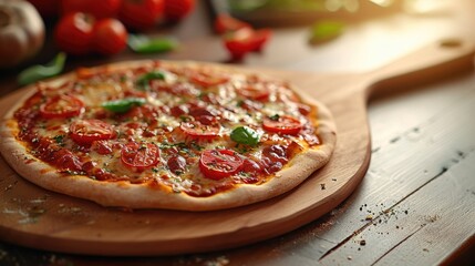 A delicious pizza resting on a rustic wooden cutting board. Perfect for food lovers and restaurant...