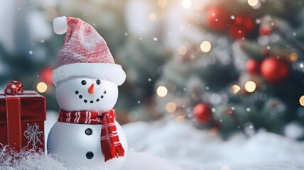 Snowman in red hat and scarf with pumpon on the background of winter forest, next to gift box. Decorated Christmas tree. New Year and Christmas. Place for text.