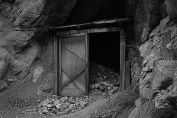 Fototapeta na wymiar An old wooden door is open in a cave. This image can be used to depict mystery or adventure themes