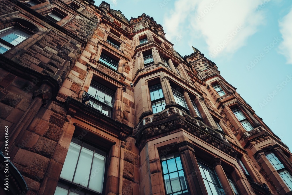 Poster a tall building with a clock on the top. ideal for illustrating urban landscapes and architectural d