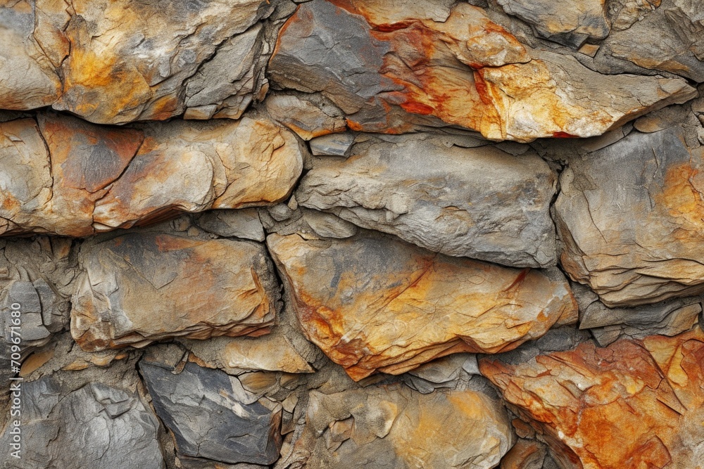 Poster A close-up view of a wall made entirely of rocks. This image can be used to depict the ruggedness and natural beauty of rock formations.
