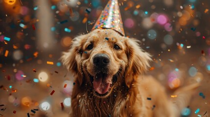 Happy golden retriever dog wearing a party hat celebrating at a birthday party with falling confetti