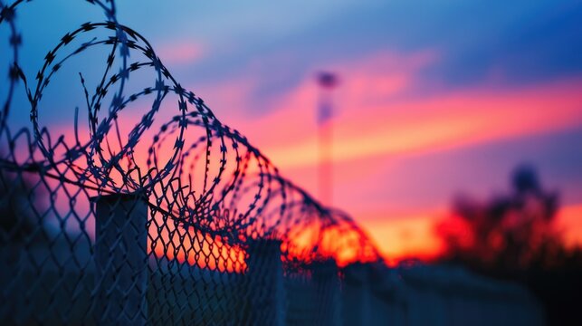 A picturesque sunset sets behind a barbed wire fence. This image captures the beauty of nature juxtaposed with the harshness of man-made barriers.
