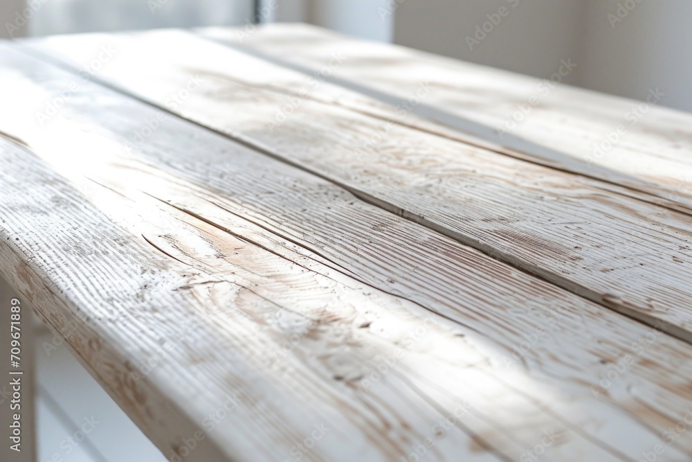 Poster A close up view of a wooden table with a window in the background. This image can be used to depict a cozy and natural setting