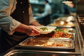 A person serving food in a buffet. Ideal for use in catering events or restaurant promotions