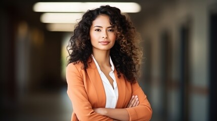 Woman business leader portrait in office background. Happy International Woman’s Day concept. Caucasian successful confident professional businesswoman in suit. Copy space.
