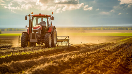 Early evening on the farm, a powerful tractor cultivating rows of earth, warm sunlight casting long shadows.