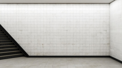 Empty large billboard in a subway station with white tiles, providing a space for advertising in an urban setting.