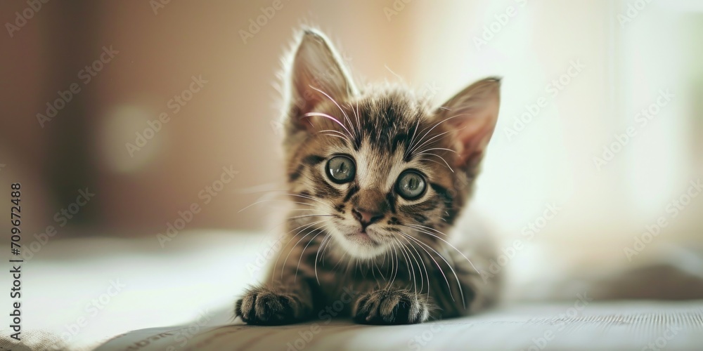 Poster a cozy scene of a cute kitten peacefully laying on top of a bed next to a window. perfect for illust