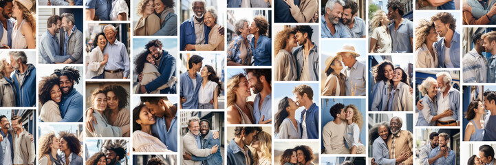 Collage of photos of diverse heterosexual and homosexual couples on a white background. Valentine's Day backdrop - obrazy, fototapety, plakaty