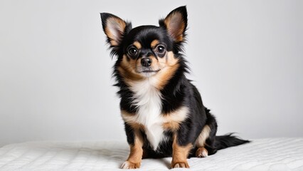 Black and tan long coat chihuahua dog on grey background