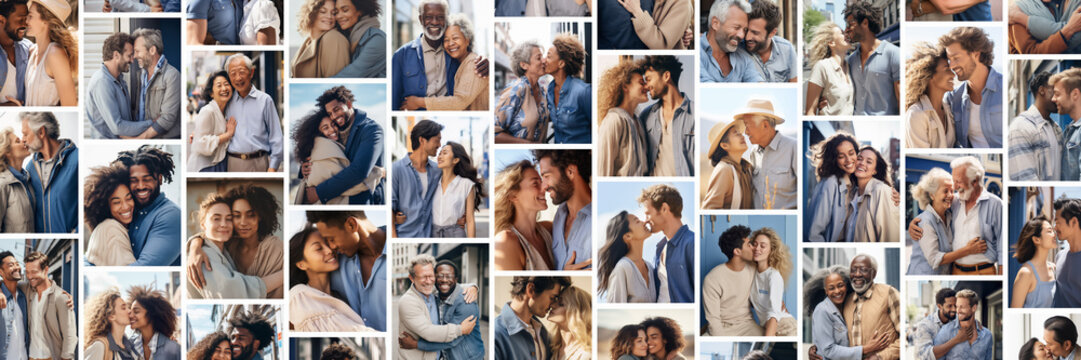 Collage of photos of diverse heterosexual and homosexual couples on a white background. Valentine's Day backdrop