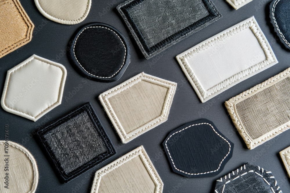 Poster A collection of various types of leather patches. Ideal for adding a touch of style and durability to clothing, bags, and accessories. Versatile and suitable for both casual and formal designs