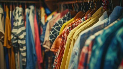 A collection of shirts hanging on a rack. Suitable for showcasing different styles and colors of shirts. - Powered by Adobe